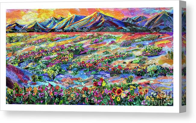 Collage Torn Paper Papers Torn-magazines Paper Mixed Media Colorful Desert Landscape High-desert Mojave Death Valley Death-valley Flower Flowers Deserts Mountain Mountainscollages Analog-collage Analog Canvas Print featuring the mixed media Superbloom by Li Newton