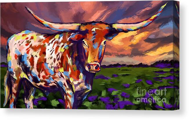 Texas Longhorn Bull Rio Grande Canvas Print featuring the painting Texas longhorn bull Rio Grande by Tim Gilliland