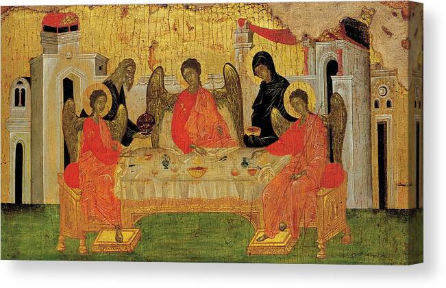 Holy Trinity Canvas Print featuring the painting The Hospitality of Abraham, Holy Trinity by Russian Icon