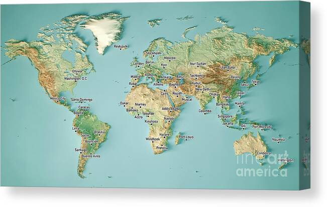 World Map Canvas Print featuring the digital art World Map 3D Render Topographic Map Color Border Cities by Frank Ramspott