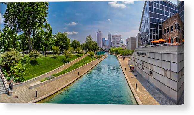 Indiana Canvas Print featuring the photograph Indianapolis Skyline from the Canal by Ron Pate