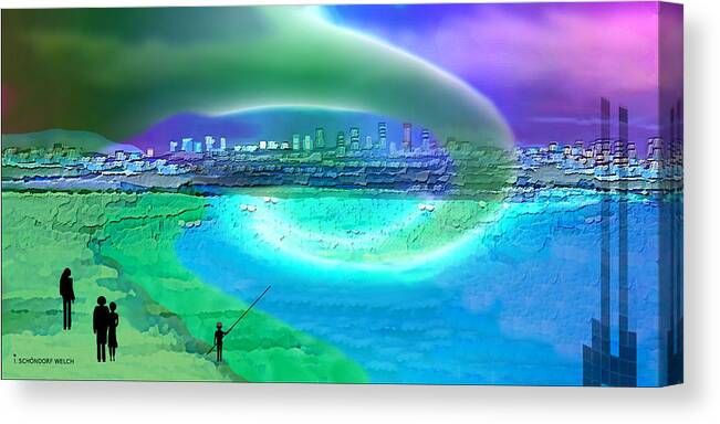 920 Canvas Print featuring the painting 920 - Blue city on the sea by Irmgard Schoendorf Welch