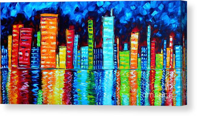 Abstract Canvas Print featuring the painting Abstract Art Landscape City Cityscape Textured Painting CITY NIGHTS II by MADART by Megan Aroon