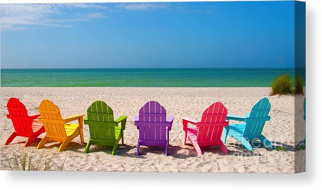 Beach Chairs Canvas Print featuring the photograph Adirondack Beach Chairs for a Summer Vacation in the Shell Sand by ELITE IMAGE photography By Chad McDermott