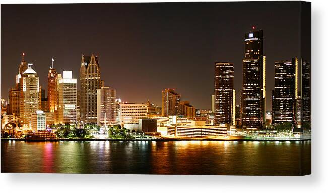 Detroit Canvas Print featuring the photograph Detroit Skyline at Night-Color by Levin Rodriguez