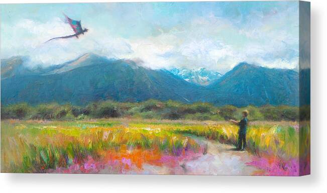 Landscape Canvas Print featuring the painting Face Off - Boy facing his dragon kite by Talya Johnson