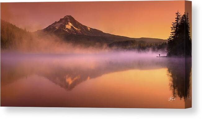 Trillium Lake Canvas Print featuring the photograph Fishing in the Fog by Lori Grimmett