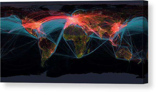 Earth Canvas Print featuring the photograph Global Transport Networks On Night Map by Noaa