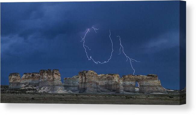 Kansas Canvas Print featuring the photograph Lariat lightning at Monument Rocks by Rob Graham