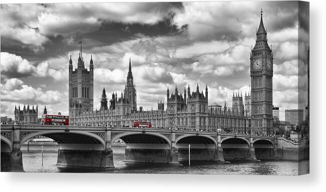 British Canvas Print featuring the photograph LONDON River Thames and Red Buses on Westminster Bridge by Melanie Viola