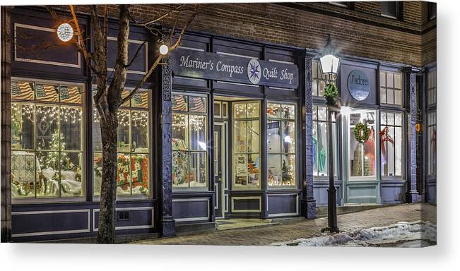 Main Street Bath Maine Night Christmas Holiday Lights Store Shop Storefront Canvas Print featuring the photograph Mariner's Compass by David Hufstader