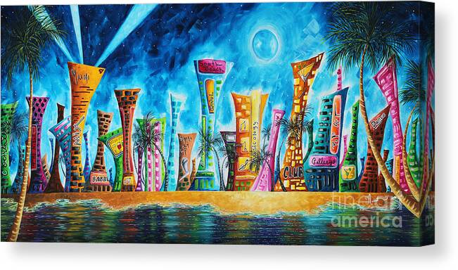Miami Canvas Print featuring the painting Miami City South Beach Original Painting Tropical Cityscape Art MIAMI NIGHT LIFE by MADART Absolut X by Megan Aroon