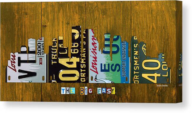 New Canvas Print featuring the mixed media New Orleans Louisiana City Skyline Vintage License Plate Art on Wood by Design Turnpike