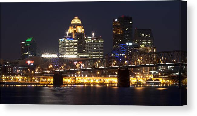 Water Canvas Print featuring the photograph Night descends over Louisville City by Deborah Klubertanz