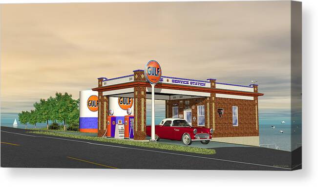 Gulf Gas Station Canvas Print featuring the digital art Old Retro Gulf Gas Station by Walter Colvin