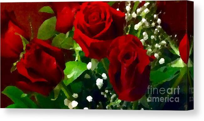 Digital Art Graphics Red Roses And White Babes Breaths Flower Digital Painting Floral Nature Flowers Prints Gayle Price Thomas Digital Gayle Price Thomas Mixed Media Flowers And Plants Gallery Canvas Print featuring the digital art Roses and Baby Breaths by Gayle Price Thomas