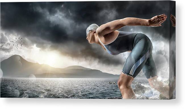 Toughness Canvas Print featuring the photograph Swimmer About To Dive In Sea by Peepo