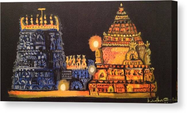 Indian Architecture Canvas Print featuring the painting TempleLights by Brindha Naveen