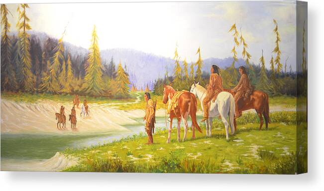 The Crossing Is A Story About The Hunt And The Trail Home Just As The Sun Is Getting Ready To Go Behind The Hill And Weary From The Trail The Young Bucks Can See In The Distance The Camp And The Smoke Rising Up From The Tepee In The Distance And They Know All They Have To Do Is Cross The River And Come Home To The Evening Meal. Canvas Print featuring the painting The Crossing by Paul Pritchett