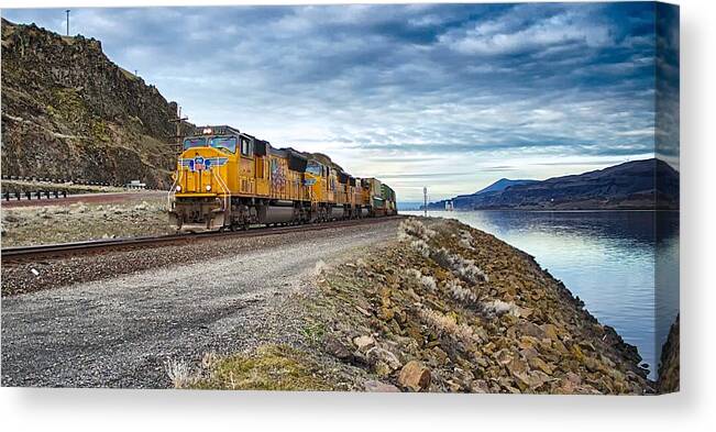 Columbia Canvas Print featuring the photograph The Union Pacific Railroad Columbia River Gorge Oregon by Michael W Rogers
