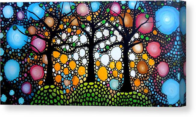 Tree Art Canvas Print featuring the painting Three Trees on a Hill by Shirley Smith