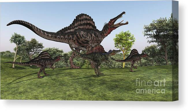 Spinosaurus Canvas Print featuring the digital art A Spinosaurus Mother Walks by Corey Ford