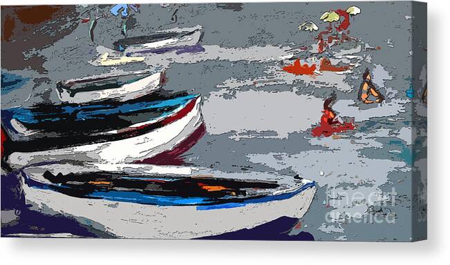 Boats Canvas Print featuring the painting Abstract Boats Beach and Bathers by Ginette Callaway