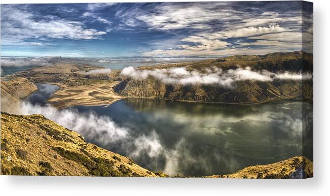 00443166 Canvas Print featuring the photograph Mist Over Lake Forsyth In Canterbury by Colin Monteath