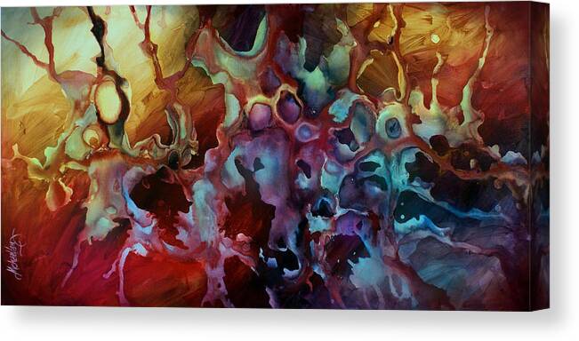 Abstract Painting Art Modern Art Deco Floral Colorful Red Blue Yellow Earth Tones Garden Expressionism Natural Minimalism Free Flow Liquid Fluid Canvas Print featuring the painting Evolution by Michael Lang