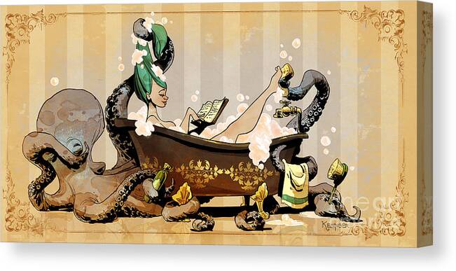 Steampunk Octopus Vintage Bath Canvas Print featuring the digital art Bath Time With Otto by Brian Kesinger