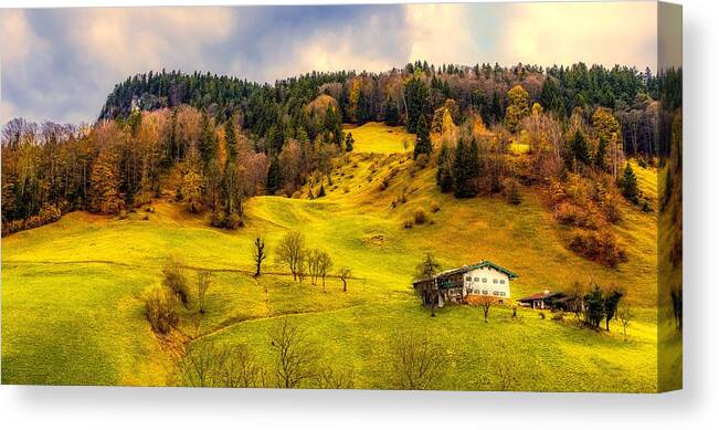 Panorama Canvas Print featuring the photograph Beautiful Alpine Valley In Autumn by Mountain Dreams