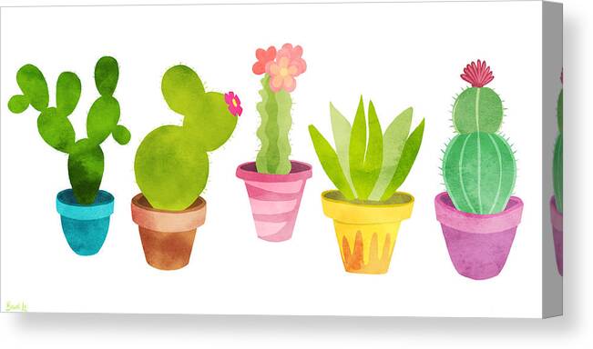 Cactus Canvas Print featuring the painting Cactus Plants In Pretty Pots by Little Bunny Sunshine