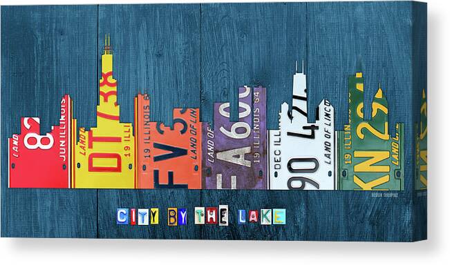 Chicago Canvas Print featuring the mixed media Chicago City by the Lake Recycled Vintage Skyline License Plate Art by Design Turnpike