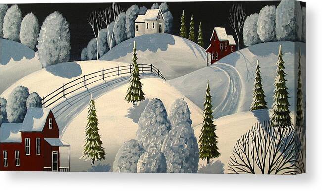 Art Canvas Print featuring the painting Country Winter Night - folk art landscape by Debbie Criswell