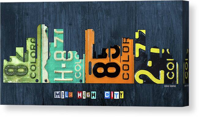 Denver Canvas Print featuring the mixed media Denver Colorado Recycled Vintage License Plate Art City Skyline by Design Turnpike