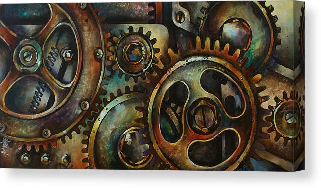Mechanical Machine Gears Sprokets Metal Rust Canvas Print featuring the painting Design 2 by Michael Lang