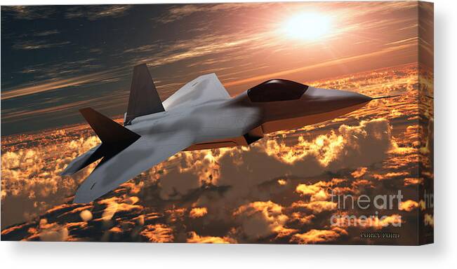 Fighter Canvas Print featuring the painting F22 Fighter Jet at Sunset by Corey Ford