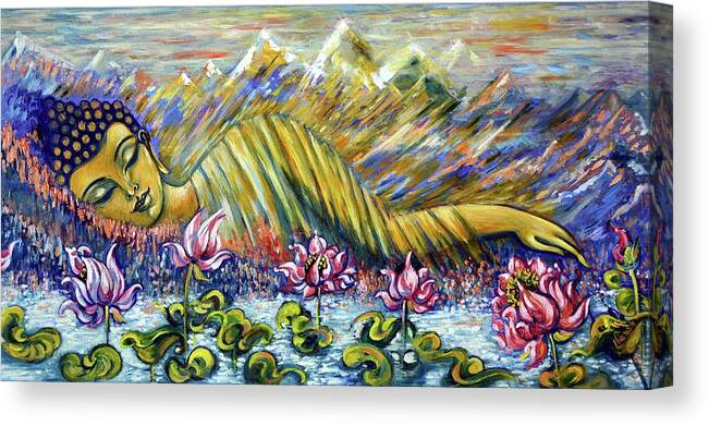 Buddha Canvas Print featuring the painting Golden Peace by Harsh Malik