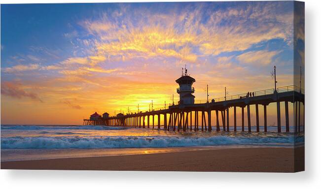 Huntington Beach Pier Canvas Print featuring the photograph Huntington Beach Pier Panorama by Brian Knott Photography