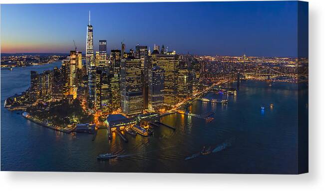 Aerial View Canvas Print featuring the photograph Illuminated Lower Manhattan NYC by Susan Candelario