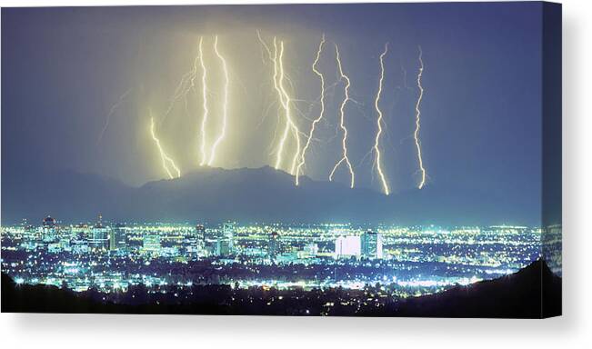 Phoenix Canvas Print featuring the photograph Lightning Over Phoenix Arizona Panorama by James BO Insogna