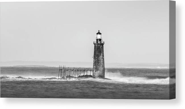 Maine Canvas Print featuring the photograph Maine Ram Island Ledge Lighthouse and Windy Surf in BW Panorama by Ranjay Mitra