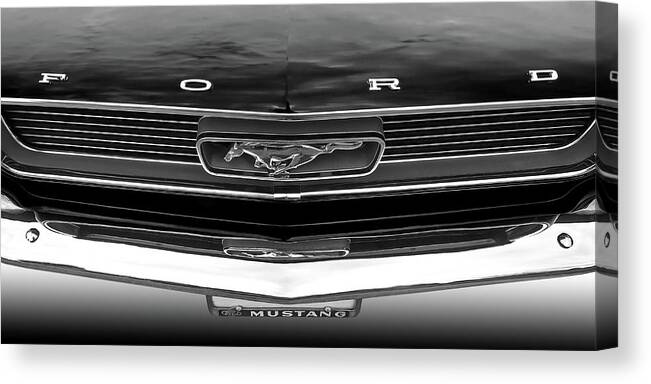 66 Mustang Grille Canvas Print featuring the photograph Mustang Pony Grille 1966 in Black and White by Gill Billington