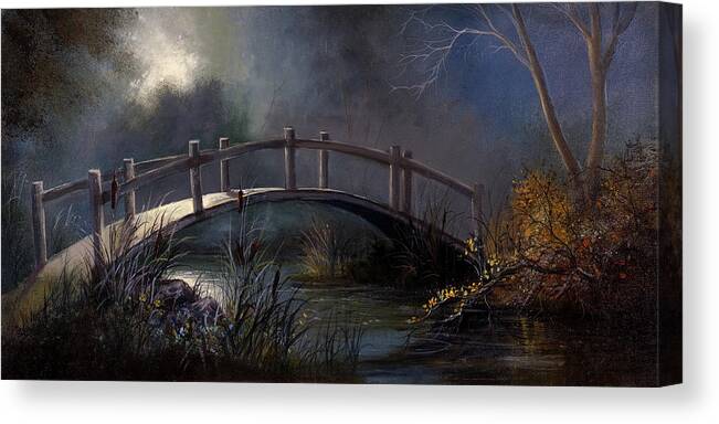 Lynne Pittard Canvas Print featuring the painting Moonlit Bridge by Lynne Pittard
