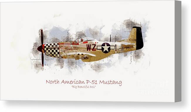 P-51 Canvas Print featuring the digital art P-51 Mustang - Big Beautiful Doll by Airpower Art