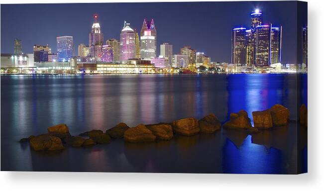 Detroit Canvas Print featuring the photograph Panoramic Detroit by Frozen in Time Fine Art Photography