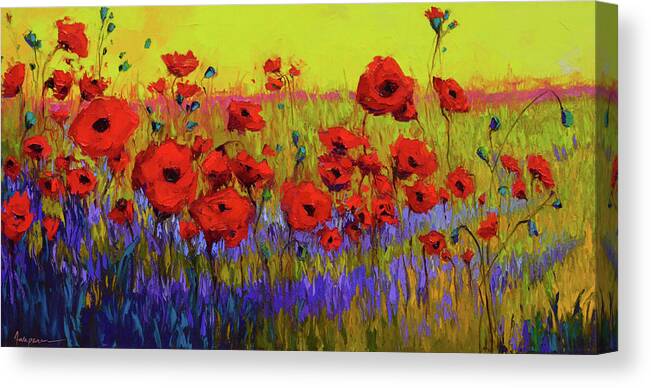 Colorful Wildflowers Canvas Print featuring the painting Poppy Flower Field Oil Painting with Palette knife by Patricia Awapara