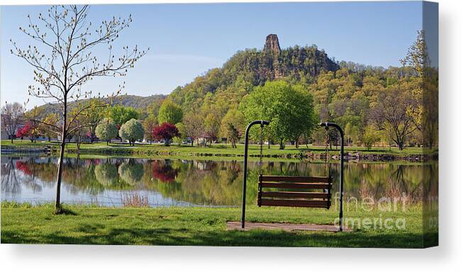 Winona Minnesota Canvas Print featuring the photograph Spring Sugarloaf with Bench and Budding Tree by Kari Yearous
