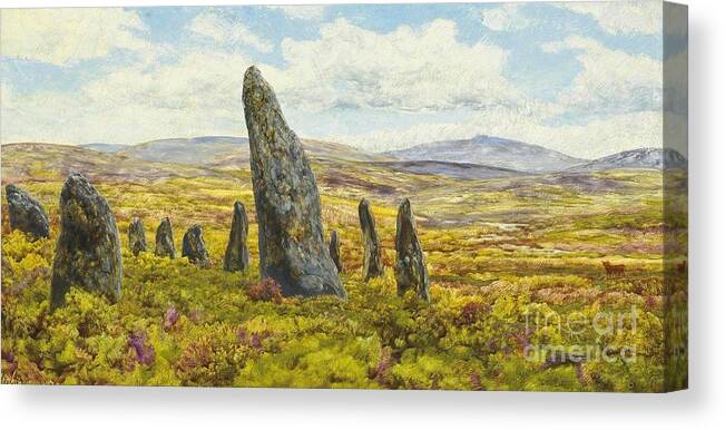 John Brett - Stone Circle On Dartmoor 1878.village Canvas Print featuring the painting Stone circle on Dartmoor by MotionAge Designs