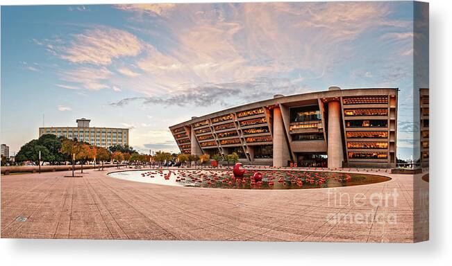 Downtown Canvas Print featuring the photograph Sunrise Panorama of Downtown Dallas City Hall and Park Plaza Reflection Pool - North Texas by Silvio Ligutti